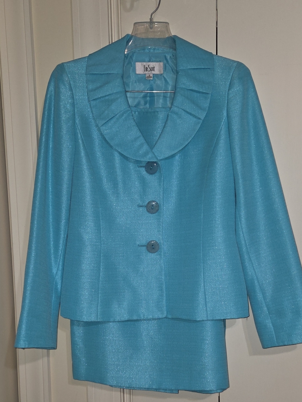 Le Suit Shimmery Turquoise Round-Pleat Collar Blazer